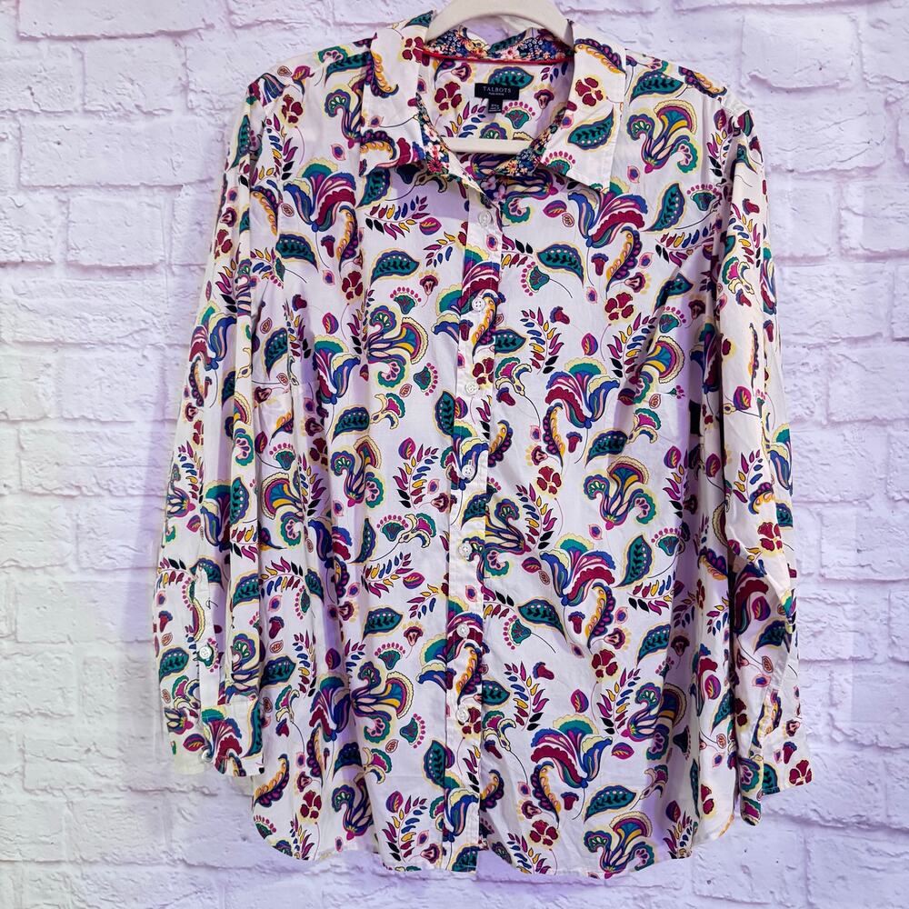 TALBOTS XL Cream Button Up Blouse with Colorful Floral Paisley Print GORGEOUS